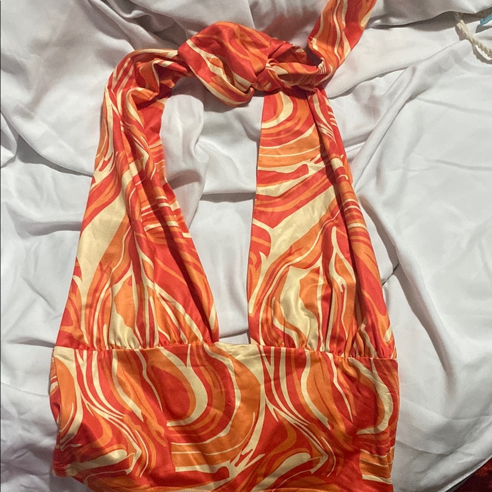 Vibrant Orange and Cream Halter Top